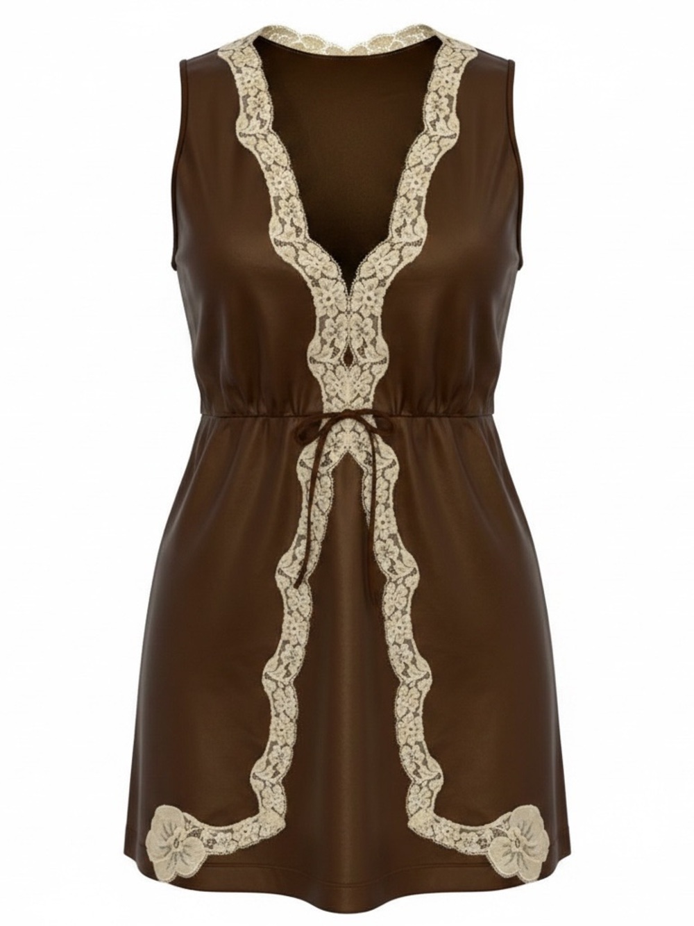Vintage Vanity Fair Brown Babydoll Camisole Pajama Top with Beige Lace Trim Sz S